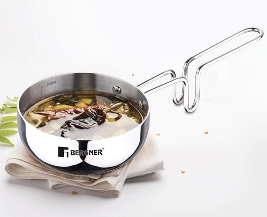 Bergner TriPro TriPly Stainless Steel 12cm Tadka Pan, 500ml Capacity, For Spice Tempering/Seasoning, Long Wire Handle, Laser-Etched Scale, Smooth Finished Surface, Induction Bottom and Gas Stove Ready