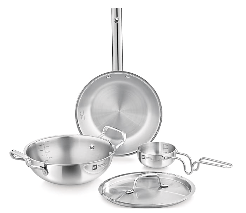 Bergner BE Essentials TriPly Stainless Steel 4 Pcs Cookware Set, 22cm Kadai (2 litres) with Common Lid, 22cm Frypan (1.1 Litre), 10cm Tadka Pan, Even Heating - Induction Bottom and Gas Stove Ready