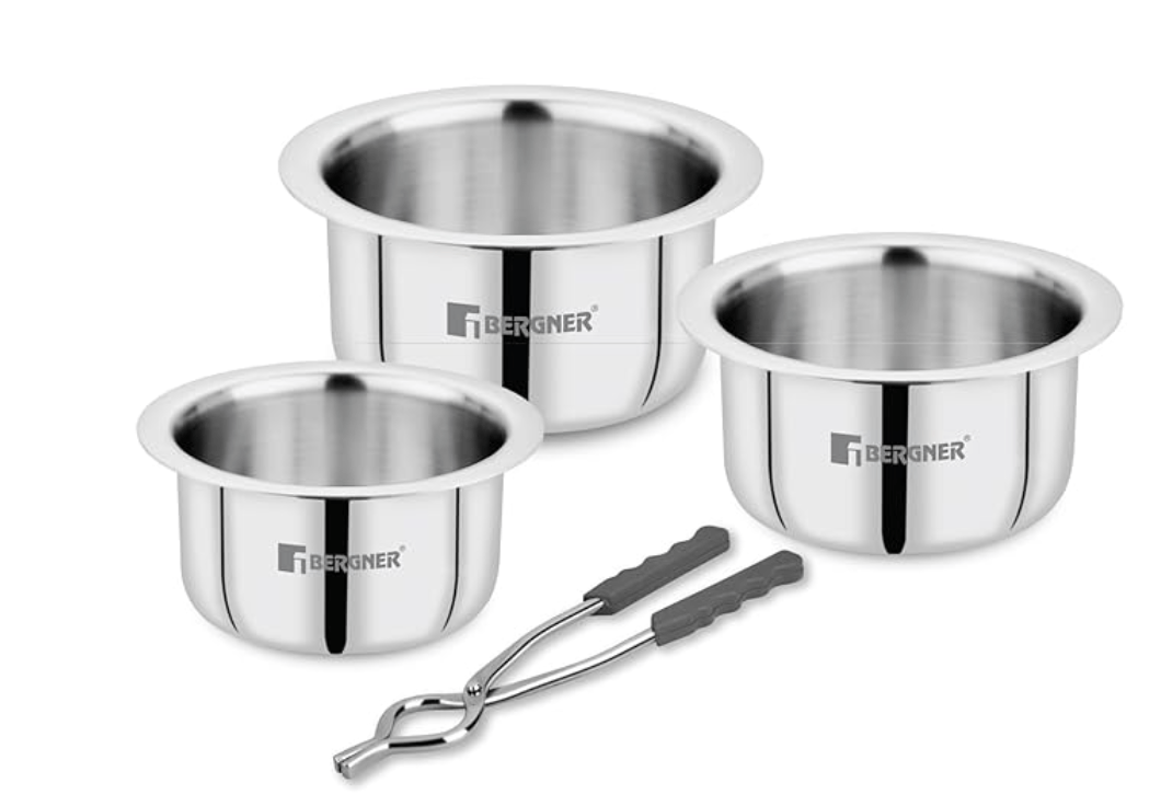 Bergner Argent Triply 18/10 Stainless Steel 3 Pcs Tope Set - 3 Topes with Sizes 18cm (2.4L), 22cm (4L), 24cm (6.1L), Free Pakkad, Flared Rim, Dishwasher Safe, Full Induction Bottom and Gas Stove Ready