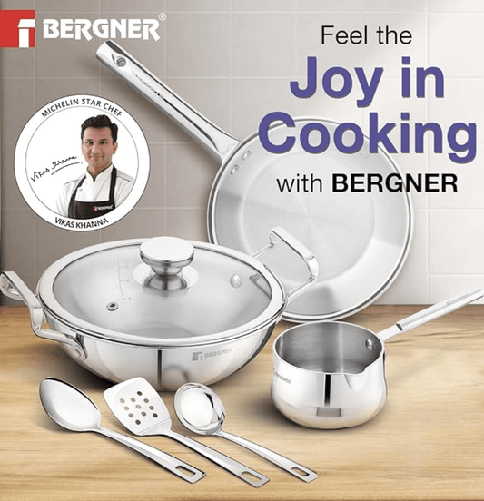 Bergner TriPro 7 Pcs Triply Stainless Steel Induction Bottom Cookware Set, 22cm (2L) Kadai, 22cm (1L) Frypan with Dome Shaped Common Glass Lid, 12cm (0.9L) Coffee Warmer, Ladle, Serving Spoon, Turner