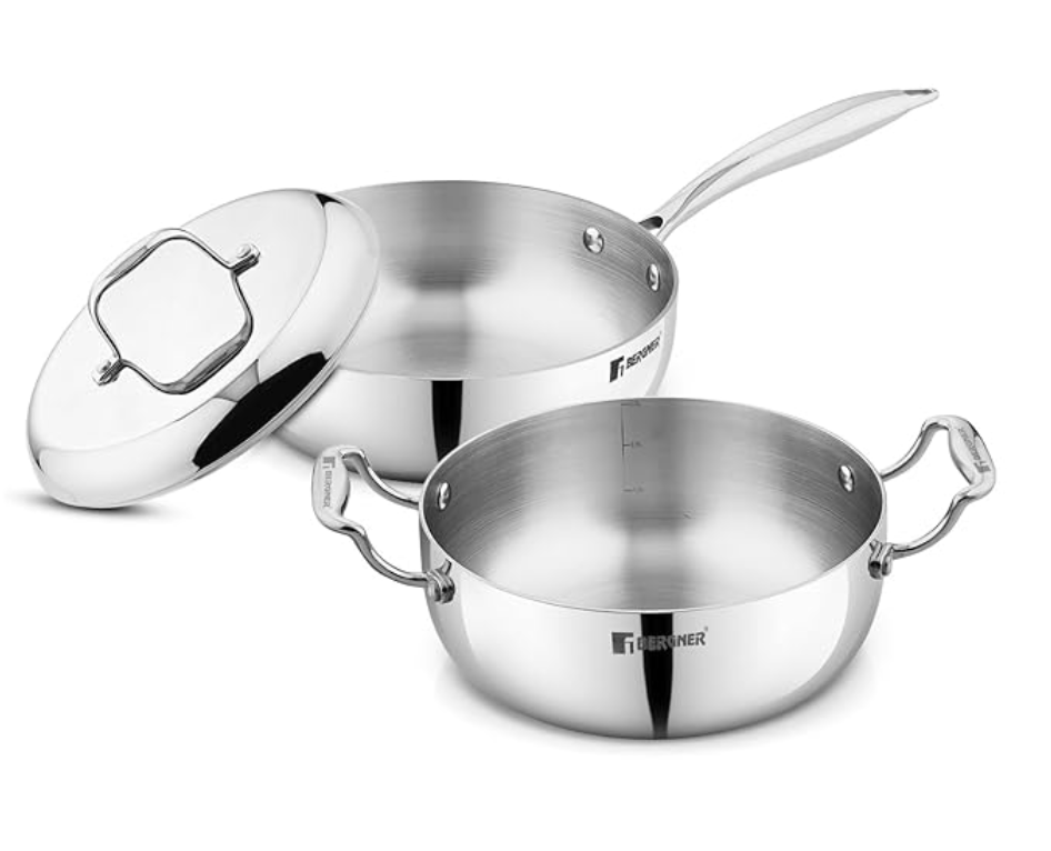 BERGNER Argent Saira Saiba Triply Stainless Steel 3 Pcs Cookware Set-18Cm(1.5 L)Multi Frypan,18Cm(1.8 L)Casserole And Common Stainless Steel Lid,Cook And Serve,Less Oil Use-Induction Bottom,Silver