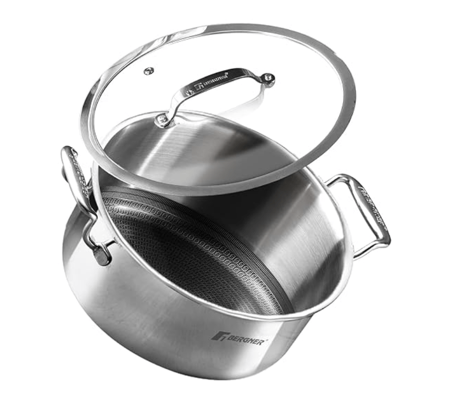 பெர்க்னர் ஹைடெக் ட்ரிப்ளி நான்-ஸ்டிக் 32 செ.மீ (12.3 எல்) கேசரோல், தட்டையான கண்ணாடி மூடியுடன், உள்ளே நான்-ஸ்டிக் மெஷ் பேட்டர்ன், ரிவெட்லெஸ் ஹேண்டில்ஸ், மெட்டல் ஸ்பேட்டூலா ஃப்ரெண்ட்லி, இண்டக்ஷன் பாட்டம் மற்றும் கேஸ் ஸ்டவ் ரெடி