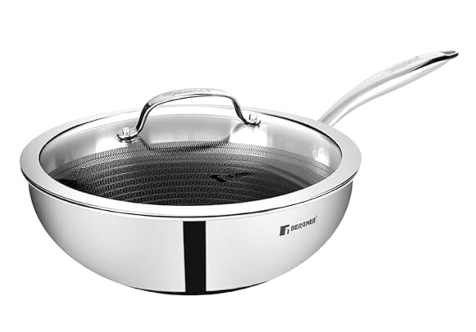 Bergner Hitech Triply Stainless Steel Scratch Resistant Non Stick Wok/Kadai With Glass Lid, 28 cm, 4.5 Litres, Induction Base, Food Safe (PFOA Free), 5 Years Warranty, Silver
