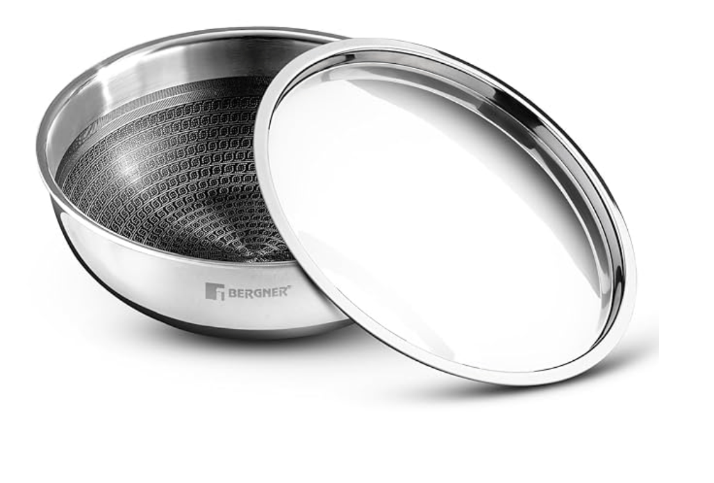 Bergner Hitech Triply Non-Stick 22 cm Tasla, 2.25 L Tasra with Non-Stick Mesh Pattern Inside, Rivetless Handle, Metal Spatula Friendly, Even Heat Distribution, Induction Bottom and Gas Stove Ready