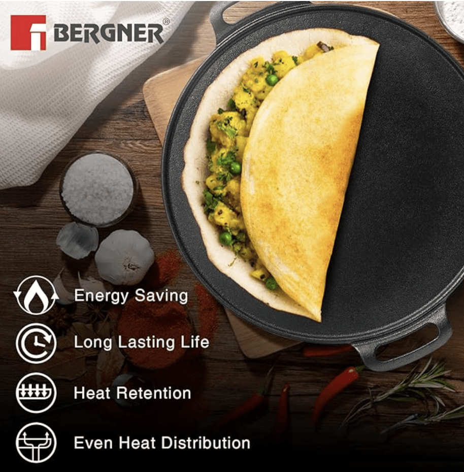 Bergner Eco Cast Iron 30cm Dosa Tawa, Pre-Seasoned, Large Loha Tawa for Dosa, Even Heat Distributor, Retains Heat to Enhance Flavor, Comes with Silicone Sleeve - Induction Base and Gas Stove Ready