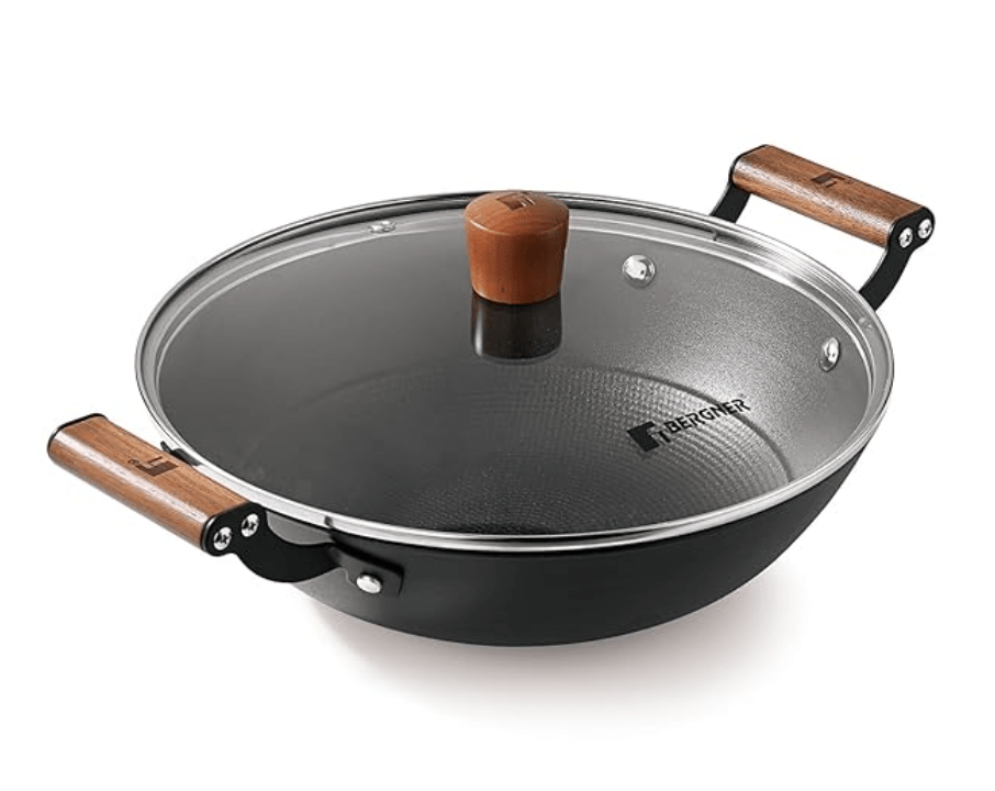 BERGNER Odin 20cm (1.4 L) Cast Iron Kadai/Kadhai with Glass Lid, for Deep-Fry/Stir-Fry/Curry/Roast/Grill/Serving, Lightweight and Rust Proof Iron, Enamel Finish, Induction Bottom and Gas Stove Ready