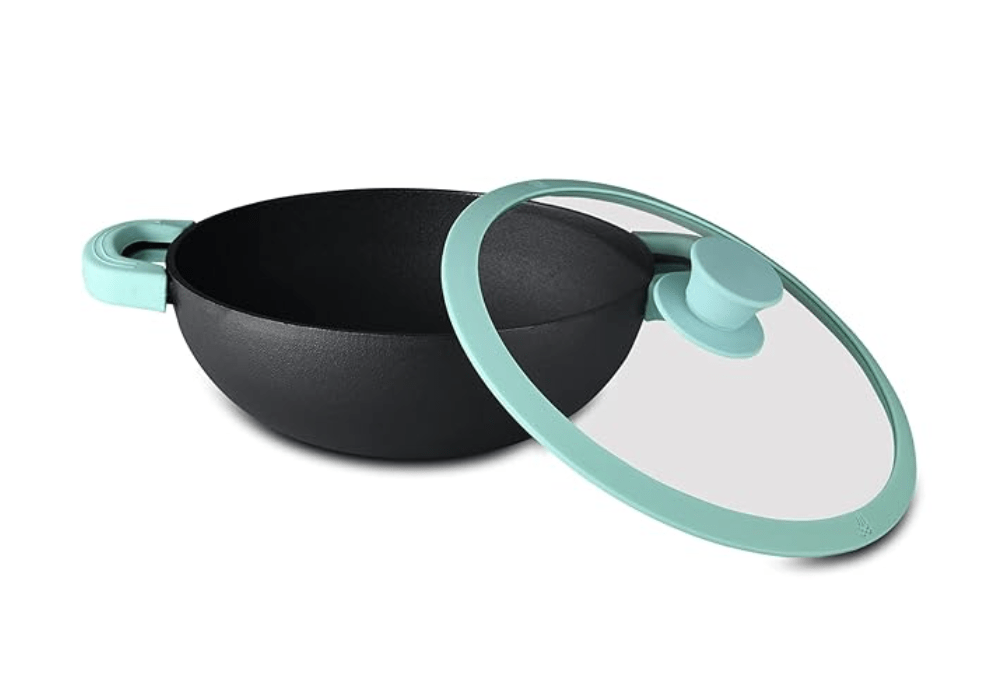 BERGNER Elements Pre-Seasoned Cast Iron 25 cm Kadai with Glass Lid, 3.3 Liters Loha Kadhai with Silicon Handle Sleeves, Oven Safe, Even Heat Distribution, Induction Base & Gas Stove Ready, Black