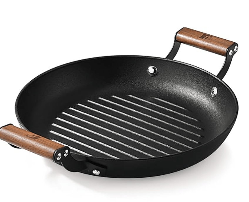BERGNER Odin 28 cm Cast Iron Grill Plate, Round Grilled Plate with Wooden Coated Handle, for Barbeque/Tikka/Kebab/Skewer/Sandwich/Babeque/Grilled Wrap, Rust Proof, Induction and Gas Stove Ready