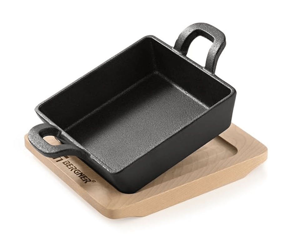 Bergner Cook & Share 12cm Cast Iron Mini Pan, Baking/Sizzler, Pre-Seasoned Cast Iron, Cook/Serve, For Roast/Bake/Caramelize/Serve/Share, With Wooden Tray, Less Oil Cooking, Induction & Gas Stove Ready
