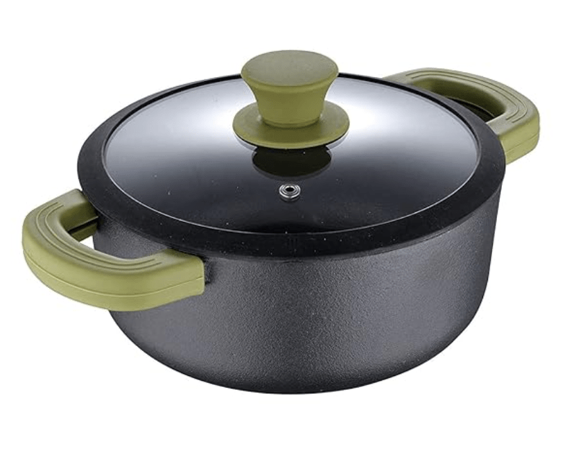 Bergner Elements Pre-Seasoned Cast Iron Handi/Casserole/Biryani Pot with Glass Lid, 20cm, Induction & Gas Ready, Heat Proof Olive Green Silicone Grip