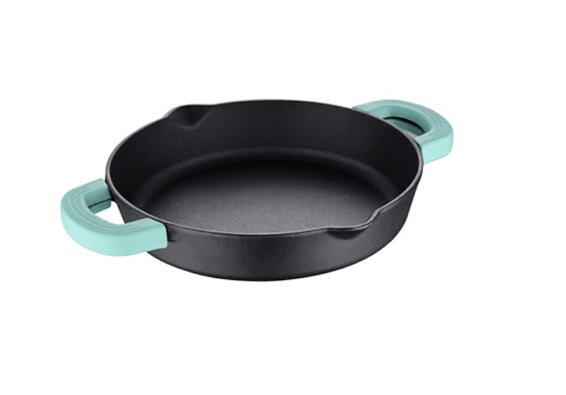 Bergner Elements Cast Iron 24 cm Baking Pan/Shallow Kadai, Pre-Seasoned, 1 L Capacity, for Roast/Bake/Pasta/Frittatas/Pudding/Rice, Teal Blue Silicone Grips, Induction & Gas Ready