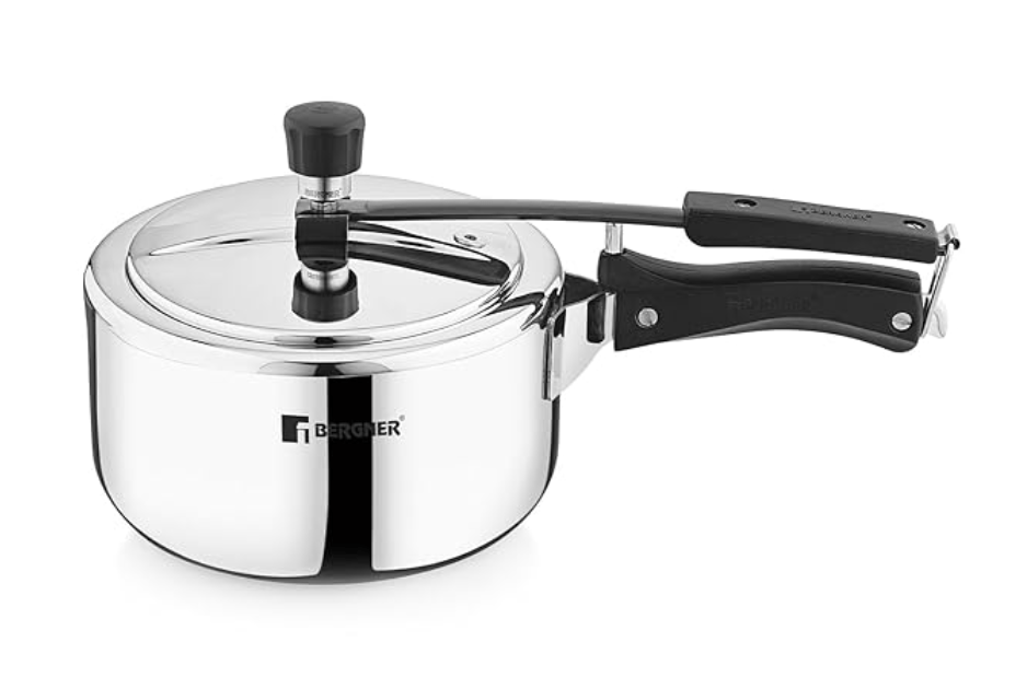Bergner Argent TriPly 18/10 Stainless Steel 1.5 Ltr Inner Lid Pressure Cooker, Pressure Cooker with Rivetless Technology, 2.5mm Body Thickness, Induction Bottom and Gas Ready, Silver, 5-Year Warranty