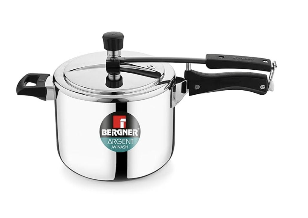 बर्गनर अर्जेन्ट ट्रिपली 18 10 स्टेनलेस स्टील 5 लीटर इनर लिड प्रेशर कुकर, रिवेटलेस तकनीक के साथ प्रेशर कुकर, 2.5 मिमी बॉडी मोटाई, इंडक्शन बॉटम और गैस रेडी सिल्वर, 5 साल की वारंटी