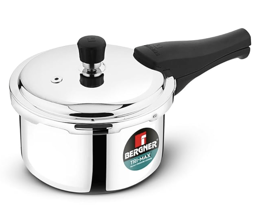 Bergner Trimax Triply Stainless Steel 2 L Outer Lid Pressure Cooker, Triply Bottom, For Healthy Cooking, Mirror Finish, Easy To Clean, Durable, Induction Bottom and Gas Ready - Silver