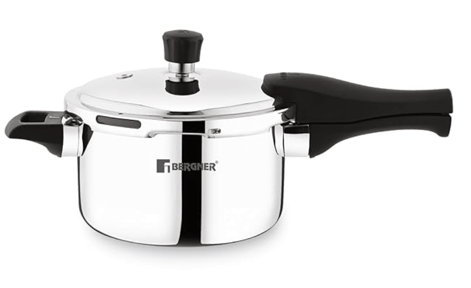 Bergner Trimax Triply Stainless Steel 6.5 L Outer Lid Pressure Cooker, Triply Bottom, For Healthy Cooking, Mirror Finish, Easy To Clean, Durable, Induction Bottom and Gas Ready - Silver