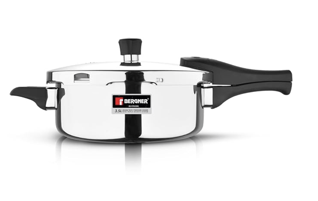 Bergner Argent Elements Triply Stainless Steel 3.5 Liters Outer Lid Pressure Pan, Triply Bottom Mini Pressure Cooker, Safety Gasket, Mirror Finish, Induction Bottom and Gas Stove Ready - Silver