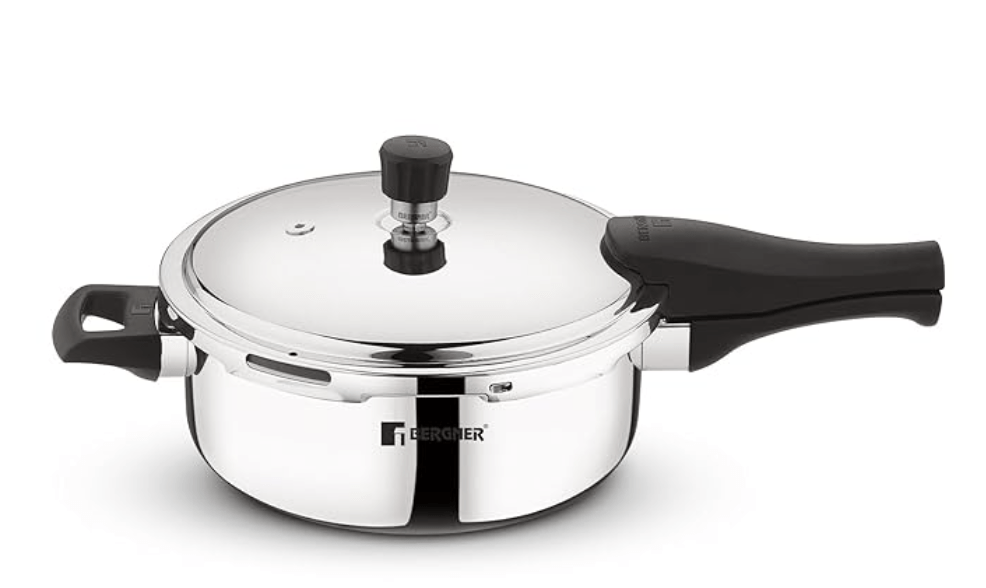 Bergner Tri-Max Junior TriPly 3 Litres Pressure Pan, Triply Heavy Bottom Outer Lid Pressure Pan, 1 Pc Free Safety Valve, Silicone Gasket, Measuring Scale Inside - Induction Bottom and Gas Stove Ready