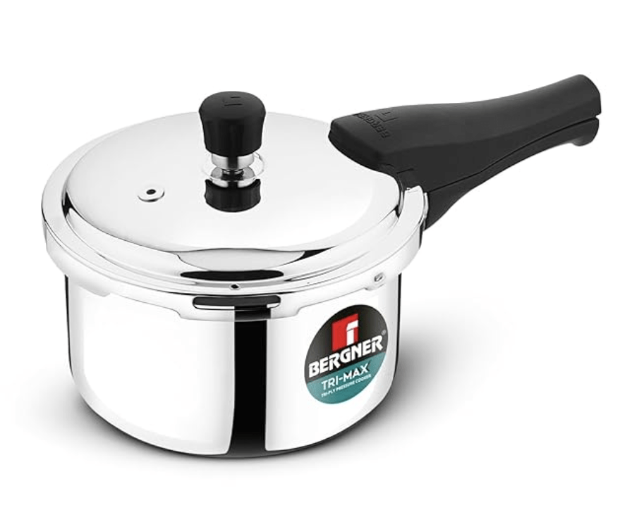 Bergner Trimax Stainless Steel 1.5L Outer Lid Pressure Cooker | Silver Steel Cooker | Durable Triply Construction | Easy Locking | Silicone Gasket | Induction & Gas Ready