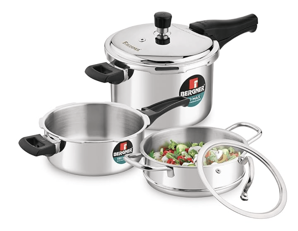 Bergner Tri-Max TriPly Multi Combo of 5L TriPly Pressure Cooker + 3L Pressuer Pan with Common Lid and 20cm Steamer with Flat Glass Lid, Durable, Ergonomic Handle, Induction Bottom and Gas Stove Ready