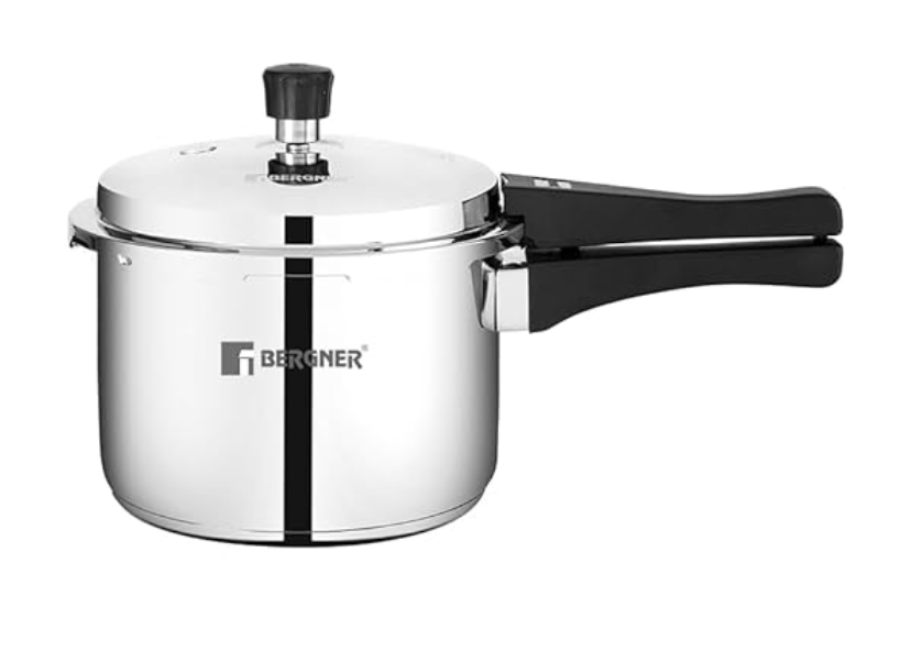 Bergner Sorrento Stainless Steel 3 Litres Outer Lid Pressure Cooker, 3 L Cooker with Outer Lid and Triply Base, Heavy Bottom, Easy Open and Close, Healthy Cooking, Induction Bottom and Gas Stove Ready