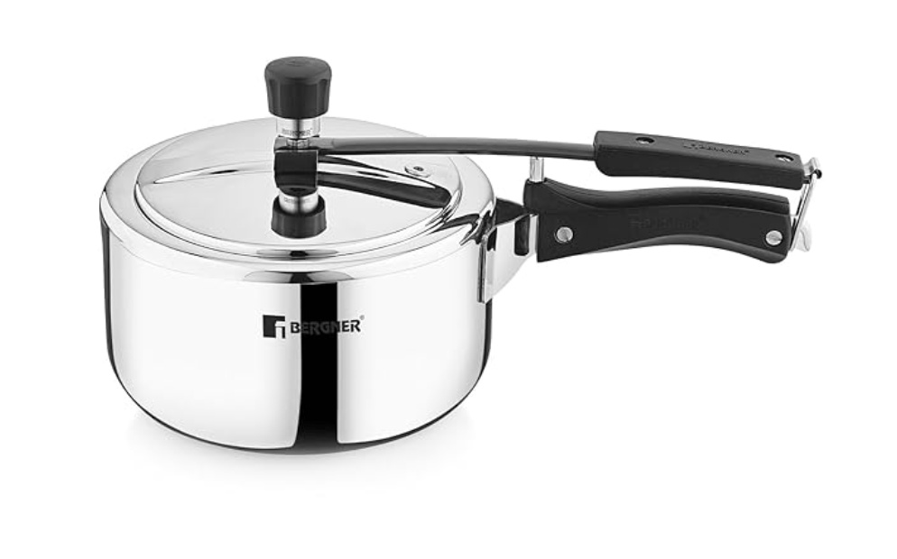 बर्गनर अर्जेन्ट ट्रिपली 18/10 स्टेनलेस स्टील 1.5 लीटर इनर लिड प्रेशर कुकर, रिवेटलेस तकनीक वाला प्रेशर कुकर, 2.5 मिमी बॉडी मोटाई, इंडक्शन बॉटम और गैस रेडी, सिल्वर, 5 साल की वारंटी