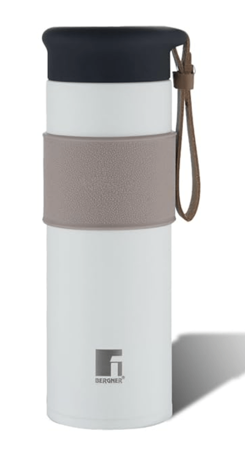 Bergner Walking Mountain Mist Thermosteel Hot and Cold 450ml Flask, Double Walled Bottle with Carrying Handle, Leakproof & Rustproof, Durable, Easy to Carry, Bottles for Office, Gym, College - White