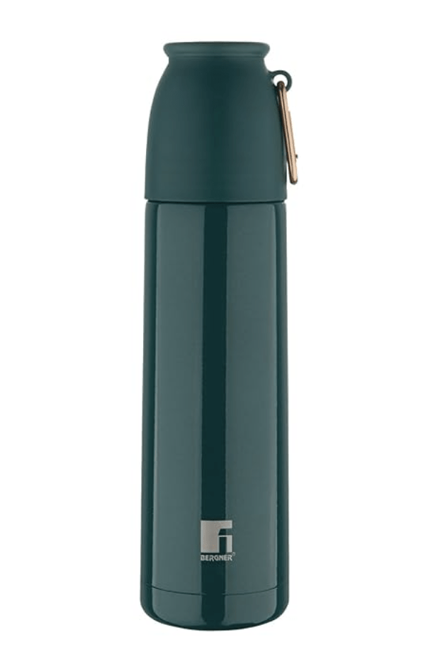 Bergner Walking 500 ml Thermo Steel Bottle/Flask, Hot/Cold, Vacuum Insulated, For Water/Coffee/Tea/Soup/Juice, Use in Office/Commute/Sports/Travel, Press Button Lid with Cap, Metallic Evergreen, Rust/Leak Proof