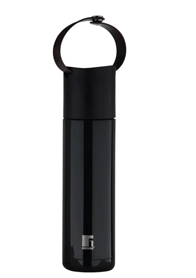 Bergner Walking 500 ml Thermo Steel Bottle/Flask, Hot/Cold, Vacuum Insulated, For Water/Coffee/Tea/Soup/Juice, Use in Office/Commute/Sports/Travel, Press Button Lid, Carry Strap, Ebony/Black, Rust/Leak Proof