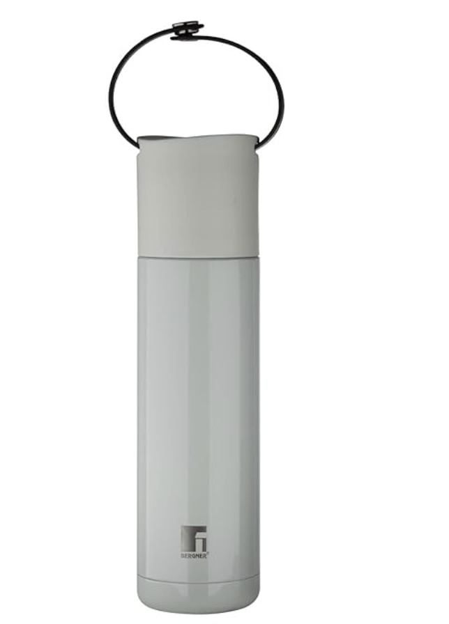 Bergner Walking 500 ml Thermo Steel Bottle/Flask, Hot/Cold, Vacuum Insulated, For Water/Coffee/Tea/Soup/Juice, Use in Office/Commute/Sports/Travel, Press Button Lid, Carry Strap, Steel Grey, Rust/Leak Proof