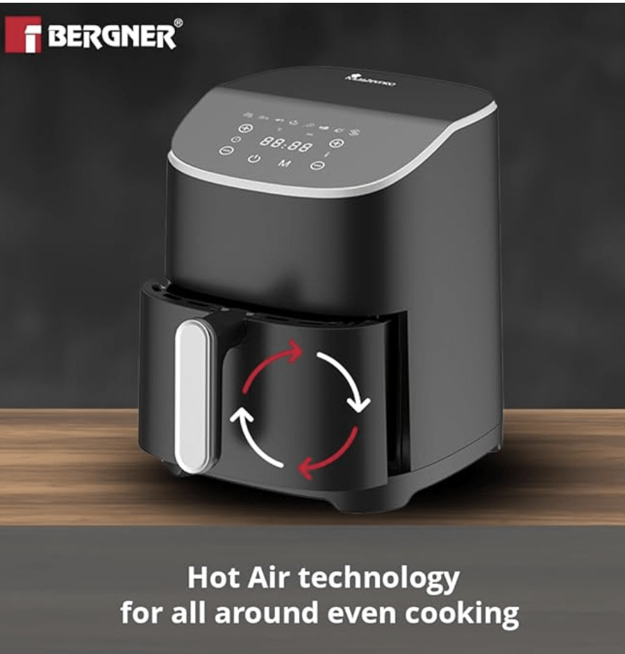 BERGNER Master Pro Air Fryer, 1300 W, 4.8 Liter, With 360 Degree Airflow Technology, Multi Preset Cooking Menu, Basket With Nonstick Coating, Black