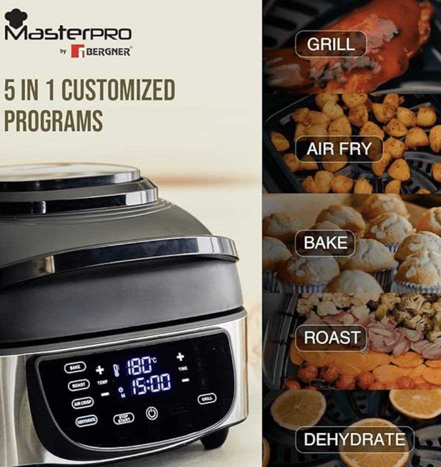 BERGNER Masterpro Indoor Electric Smokeless Grill,7 liter,1800 Watt,Digital Led Display And Multi Touch Panel,5 In 1 Function Grill,Bake,Roast,Dehydrate,Air Fry With Cyclonic Air Technology,Silver