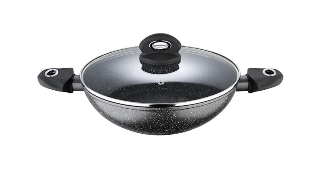 बर्गनर ओरियन नॉन-स्टिक 28 सेमी कढ़ाई, कांच का ढक्कन, 3.3 लीटर क्षमता, 100% पुनर्चक्रण योग्य, डीप फ्राई/स्टिर-फ्राई/करी के लिए, टेक्सचर्ड सॉफ्ट टच हैंडल, ग्रेनाइट फ़िनिश, इंडक्शन बॉटम, बर्गनर द्वारा 1 वर्ष की वारंटी