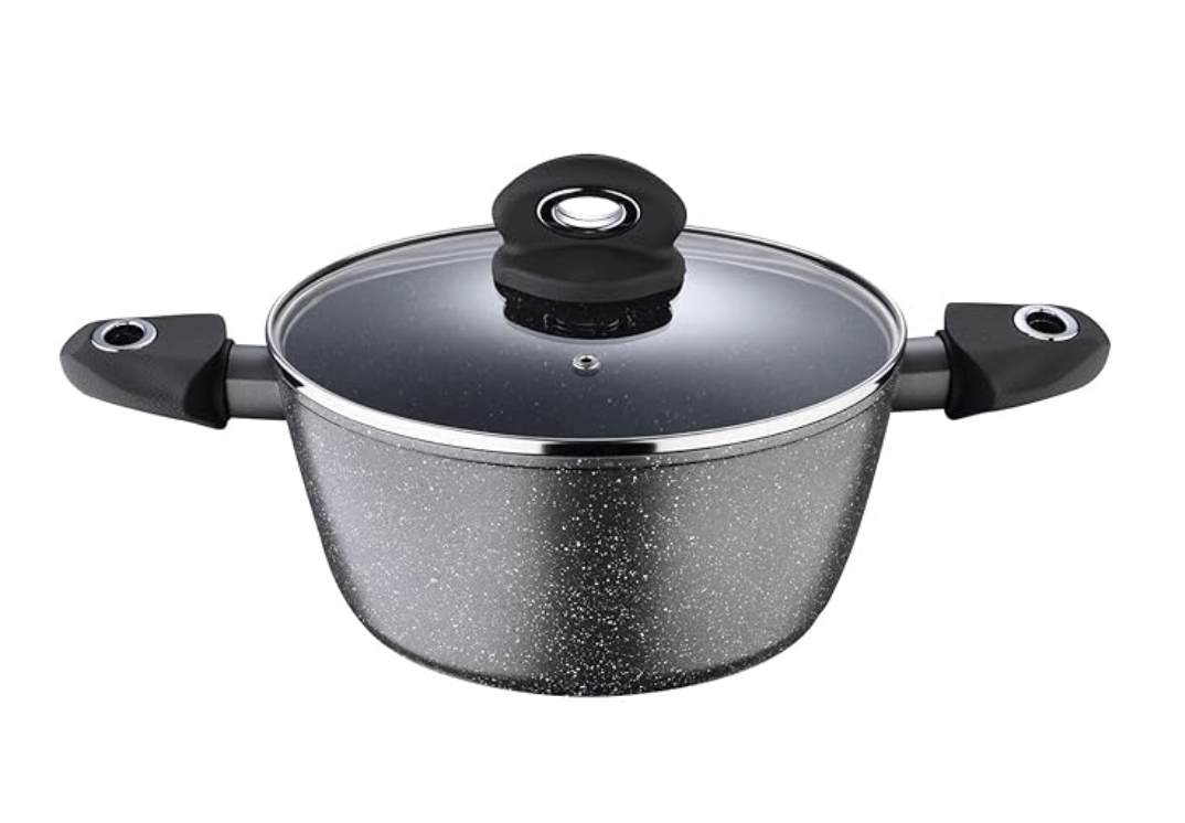 बर्गनर ओरियन नॉन-स्टिक 24 सेमी कैसरोल/सूप पॉट, ग्लास ढक्कन, 3.9 लीटर क्षमता, बिरयानी/पुलाव के लिए, टेक्सचर्ड सॉफ्ट टच हैंडल, ग्रेनाइट फ़िनिश, इंडक्शन बॉटम, बर्गनर द्वारा 1 साल की वारंटी