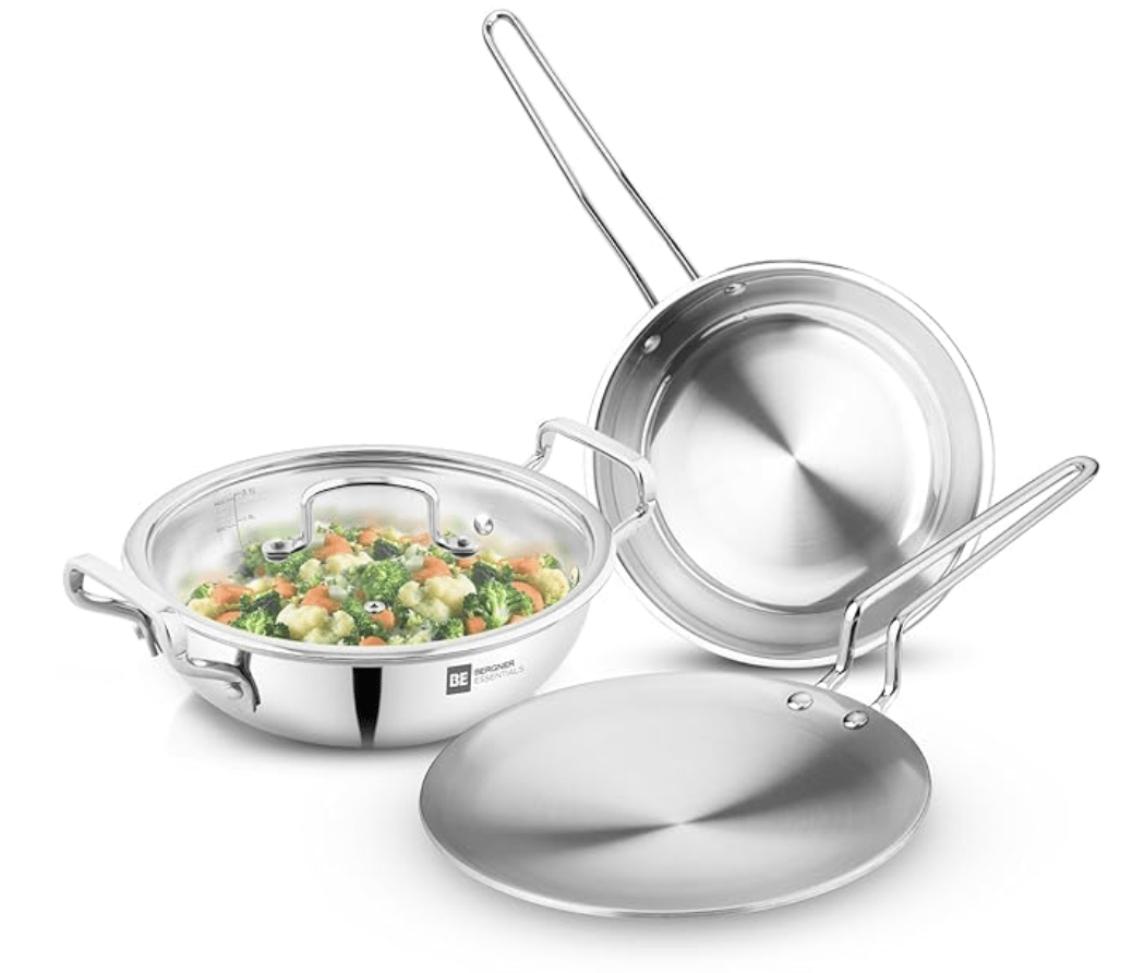 Bergner BE Essentials Triply 4 Pcs Stainless Steel Cookware Set - 24cm (3.1L) Kadai, 24cm (1.5L) Frypan, Common Flat Glass Lid, 26cm Roti Tawa, Less Oil Use, Even Heat Distribution - Induction Bottom