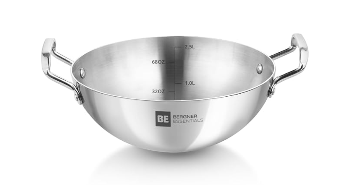 BERGNER BE Essentials TriPly Stainless Steel 18cm Extra Deep Kadai/Indian Wok, 1 L Kadhai, Even Heat Distribution, Consumes Less Oil, Easy to Clean, Gas Stove Compatible, 5-Year Warranty
