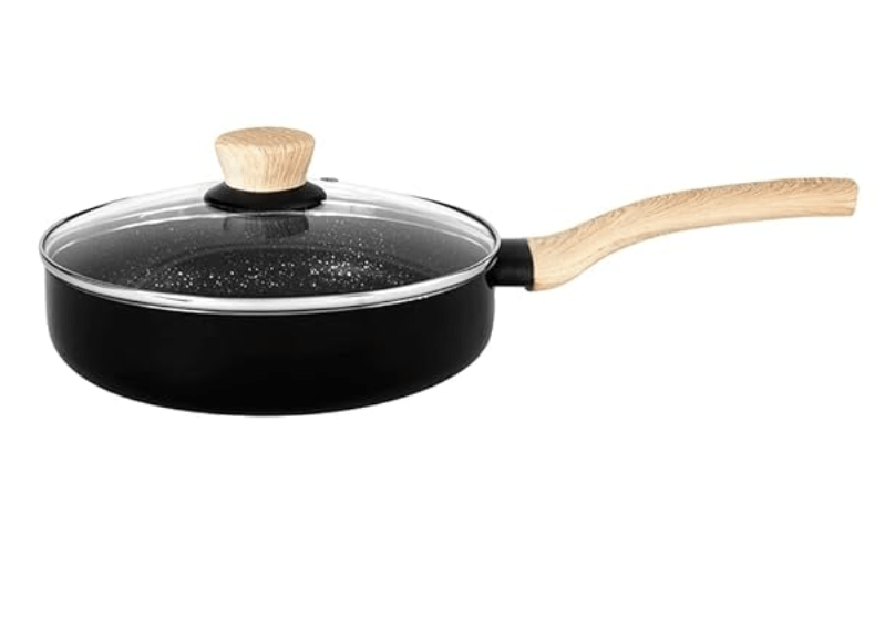 बर्गनर बेलिनी प्लस ऑरा 5-लेयर नॉन-स्टिक 26 सेमी डीप फ्राईपैन ग्लास लिड के साथ, 3 लीटर फ्राइंग पैन सॉफ्ट टच वुडन फ़िनिश हैंडल के साथ, इंडक्शन बॉटम और गैस स्टोव रेडी, 1 साल की वारंटी, काला