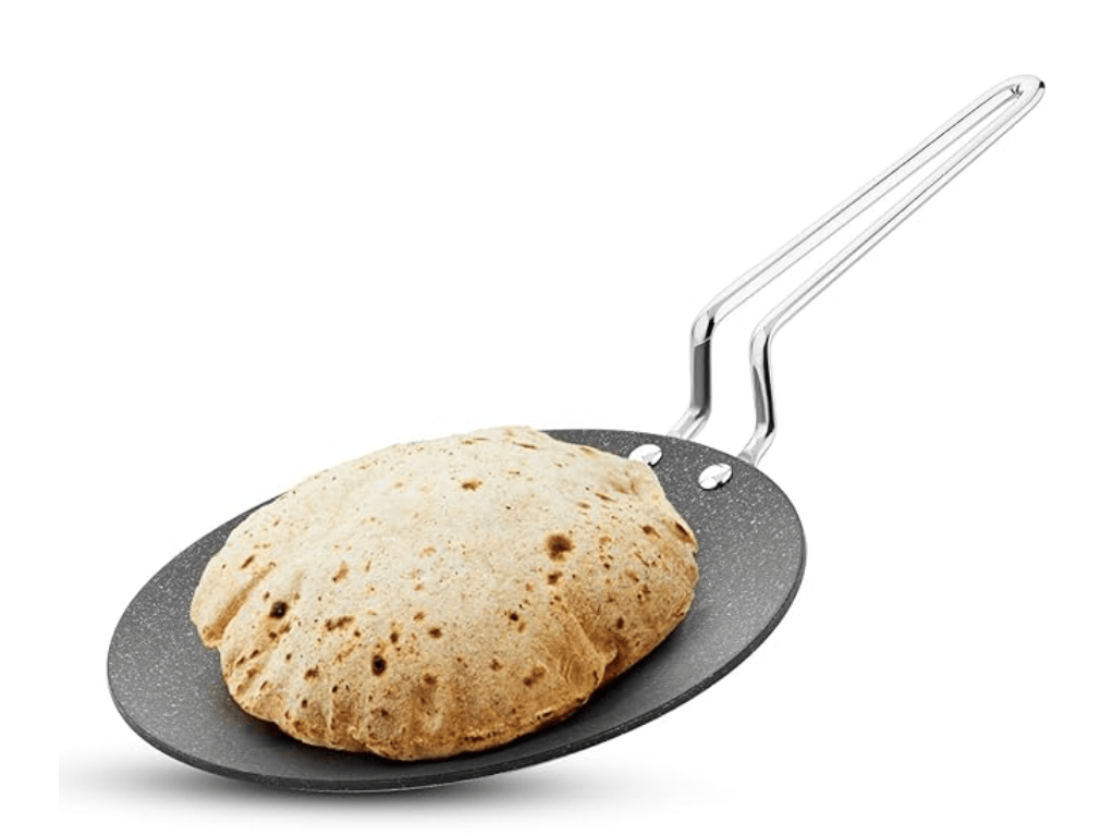 BERGNER अर्जेन्ट संसार ट्रिपली स्टेनलेस स्टील 26 cm रोटी तवा प्रीमियम नॉन-स्टिक कोटिंग के साथ, स्वस्थ खाना पकाने के लिए कम तेल की खपत करता है, समान और तेज़ गर्म होता है, साफ़ करने में आसान - इंडक्शन कम्पैटिबल