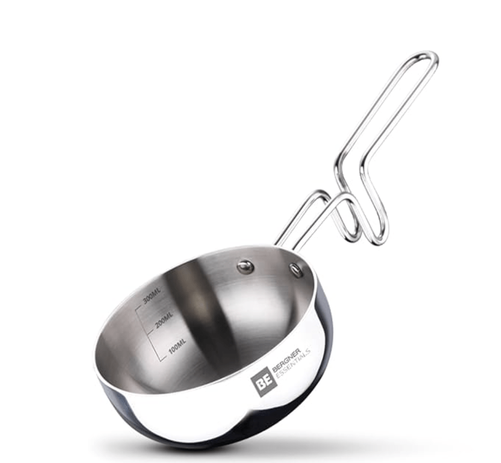 Bergner BE Bergner Essentials Tri-Ply Stainless Steel 10cm (300ml) Tadka Pan, for Spice Tempering/Seasoning, Long Wire Handle, Smooth Finished Surface, Induction Bottom and Gas Stove Ready