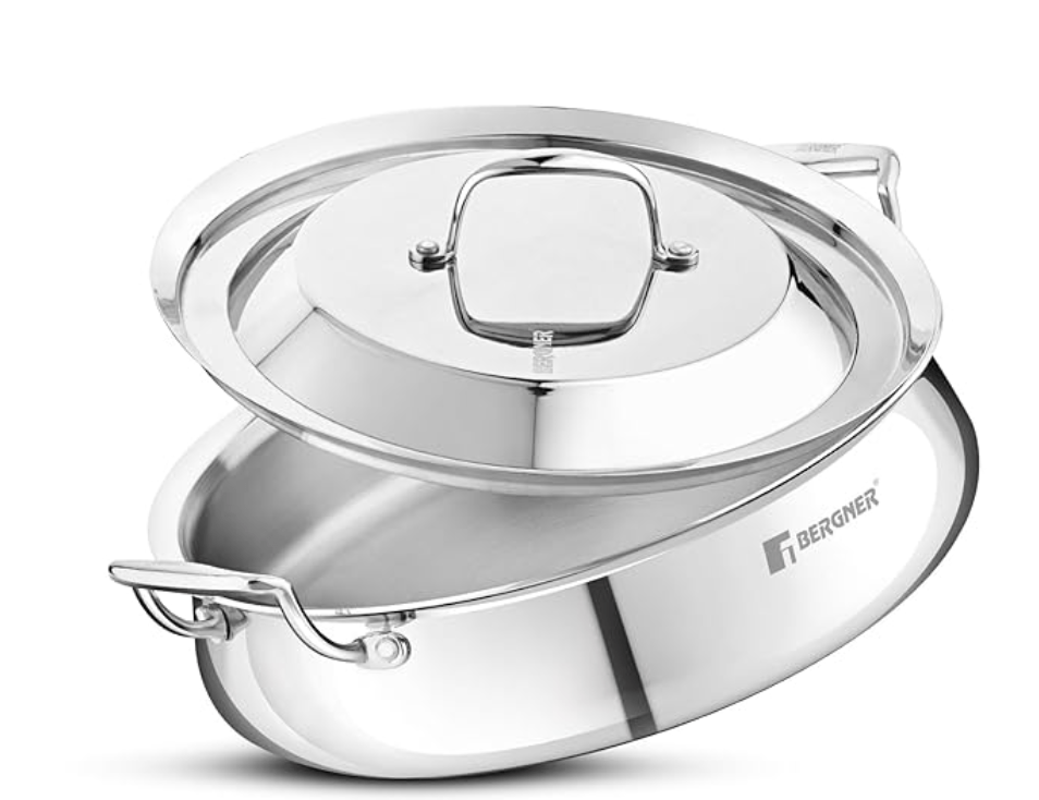 Bergner Argent Samsara Triply Stainless Steel 28cm (4.25 L) Biryani Handi/Cook & Serve Belly Shape Shallow Rice Handi, Consumes Less Oil, Healthy Cooking, Even and Faster Heating - Induction Bottom