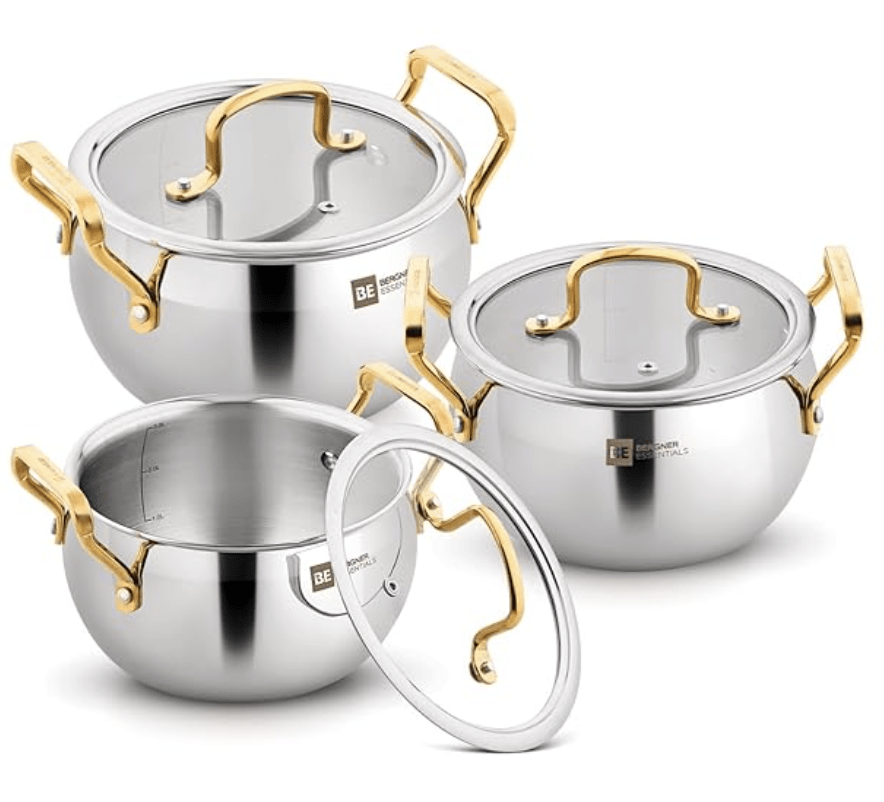 Bergner BE Essentials TriPly Stainless Steel 3 Pcs Rice Handi Set - 16cm/2.2L, 18cm/3.2L, 20cm/4.2L and 3 Flat Glass Lids with Golden Coated Finishing Handles and Knob, Less Oil Use - Induction Bottom