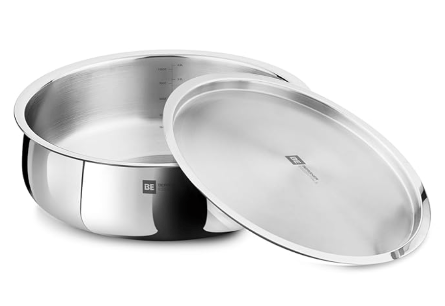 Bergner BE Bergner Essentials Tri-Ply Stainless Steel Biryani Handi with Lid,Biryani Pot, Patila Handi, Even Heat Distribution, Induction & Gas Stove Friendly, Silver, 5-Year Warranty