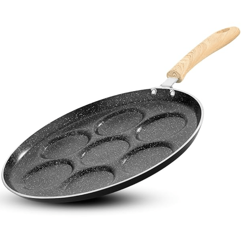 बर्गनर बेलिनी प्लस ऑरा 5-लेयर नॉन-स्टिक 7 पिट उत्तपम तवा, लकड़ी की फिनिश, सॉफ्ट टच हैंडल के साथ, 7 कैविटी पैनकेक मेकर, कम से कम तेल में पकाना, PFOA मुक्त, इंडक्शन बॉटम, गैस स्टोव रेडी - काला