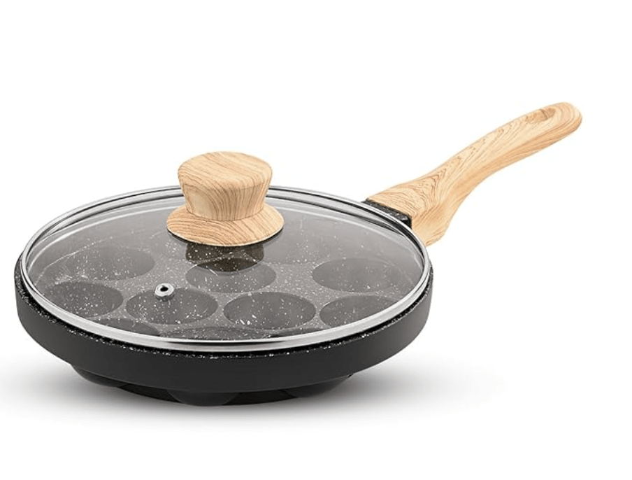 बर्गनर बेलिनी प्लस ऑरा 5-लेयर नॉन-स्टिक 12 पिट अप्पम पात्र ग्लास ढक्कन के साथ, 22 सेमी अप्पे पैन 12 कप के साथ, लकड़ी की फिनिश वाला सॉफ्ट टच हैंडल, कम से कम तेल में खाना पकाना, गैस स्टोव के अनुकूल - काला