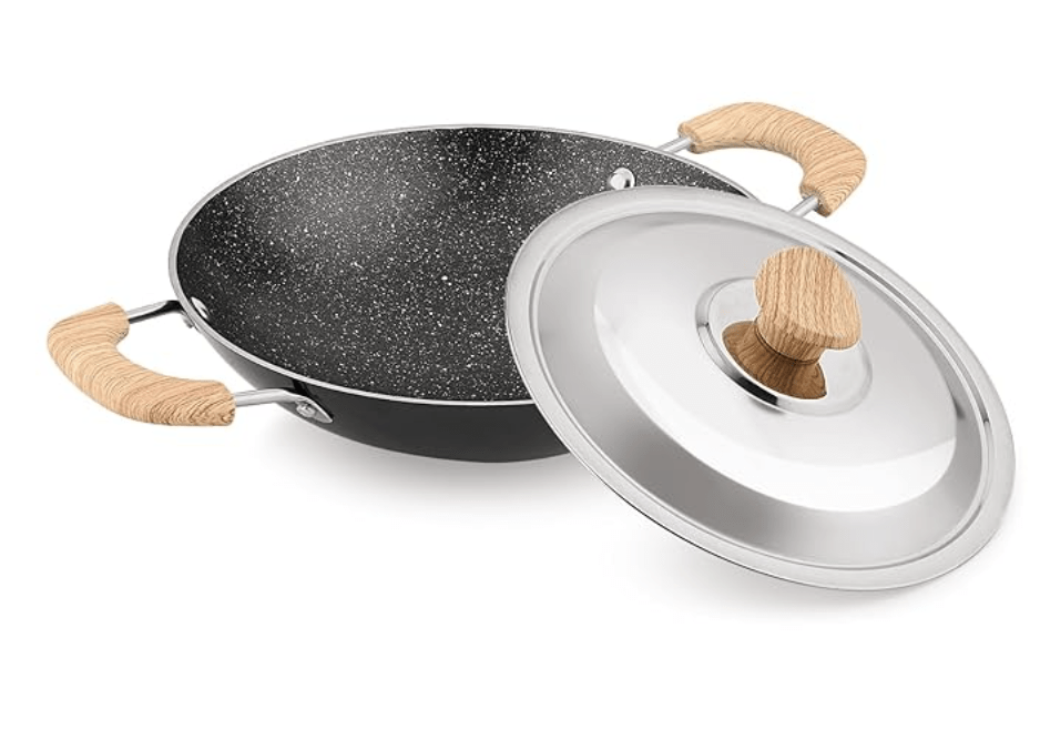बर्गनर बेलिनी प्लस ऑरा 5-लेयर नॉन-स्टिक 20 सेमी अप्पाचेटी स्टेनलेस स्टील ढक्कन के साथ, लकड़ी की फिनिश वाला सॉफ्ट टच हैंडल, समान ताप वितरण, PFOA मुक्त, गैस स्टोव के अनुकूल - काला