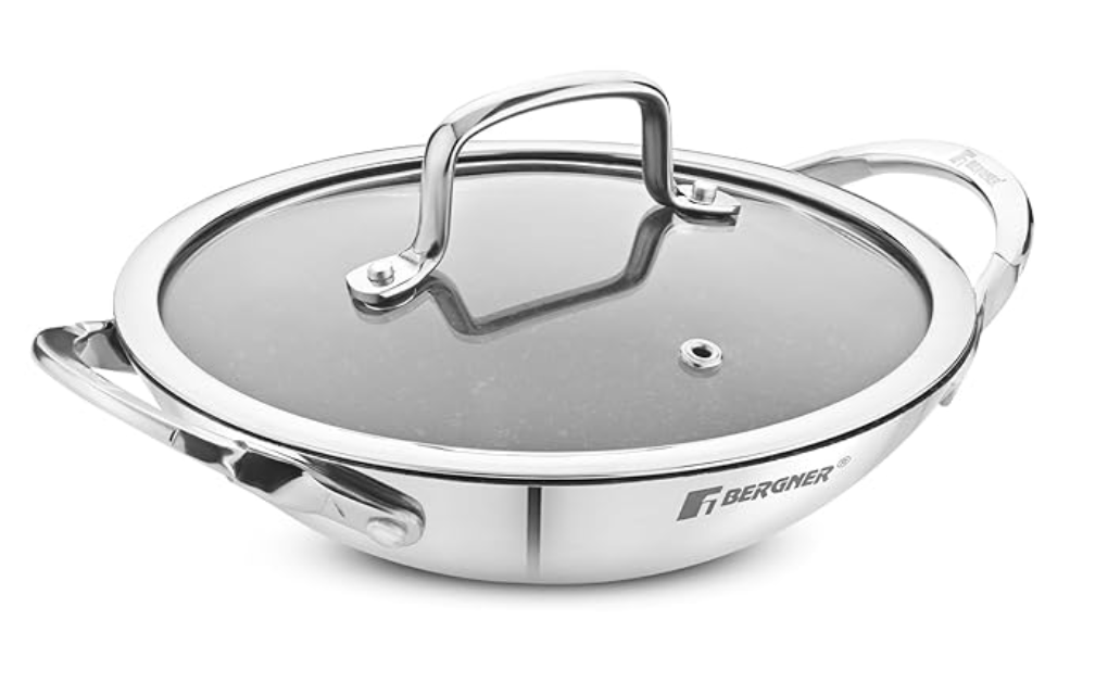 बर्गनर अर्जेन्ट संसार ट्रिपली स्टेनलेस स्टील 21 सेमी अप्पाचेट्टी/अप्पाचट्टी ग्लास ढक्कन के साथ, क्वांटेनियम नॉन-स्टिक कोटिंग, कम तेल की खपत, स्वस्थ खाना पकाना, समान और तेज़ हीटिंग, गैस स्टोव के अनुकूल