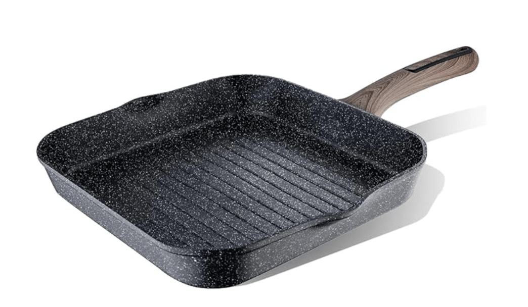 बर्गनर अल्टीमेट कास्ट नॉन-स्टिक 28 सेमी ग्रिल पैन/ग्रिडल, कम तेल वाले टिक्का/कबाब/सैंडविच/स्टोवटॉप बेबेक के लिए, वुड फ़िनिश हैंडल, ग्रेनाइट फ़िनिश, इंडक्शन और गैस रेडी