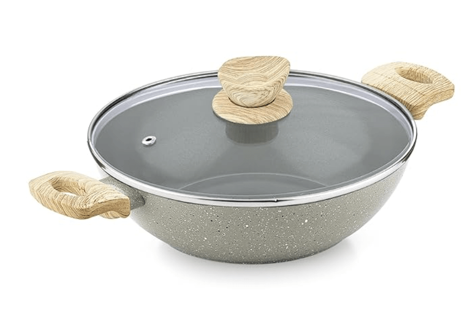 BERGNER Naturally Ceramic Forged Aluminium 26cm Kadai with Glass Lid, 3 Liters Kadhai with Wooden Soft Touch Handles, Less Oil Use, Healthy and Durable Cookware - Induction Bottom and Gas Stove Ready