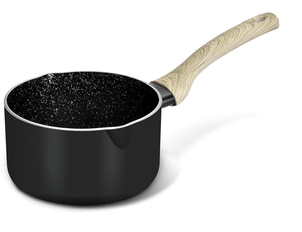 बर्गनर बेलिनी प्लस ऑरा 5-लेयर नॉन-स्टिक 16 सेमी सॉस पैन, 1.8 लीटर सॉस पैन सॉफ्ट टच वुडन फ़िनिश हैंडल के साथ, खाद्य सुरक्षित, PFOA मुक्त, 3.2 मिमी मोटाई, इंडक्शन बॉटम, 1 साल की वारंटी, काला