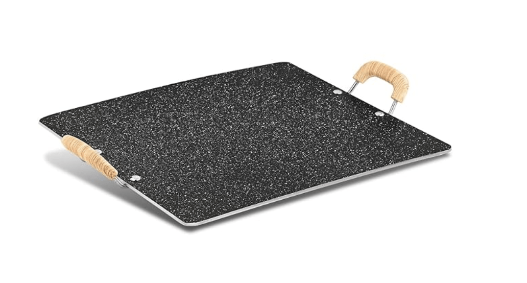 बर्गनर बेलिनी प्लस ऑरा 5-लेयर नॉन-स्टिक 30 सेमी पथरी तवा, मुलायम स्पर्श वाली लकड़ी की फिनिश वाले हैंडल के साथ चपटा आयताकार पथरी तवा, PFOA मुक्त, 4 मिमी मोटाई, इंडक्शन बॉटम, काला