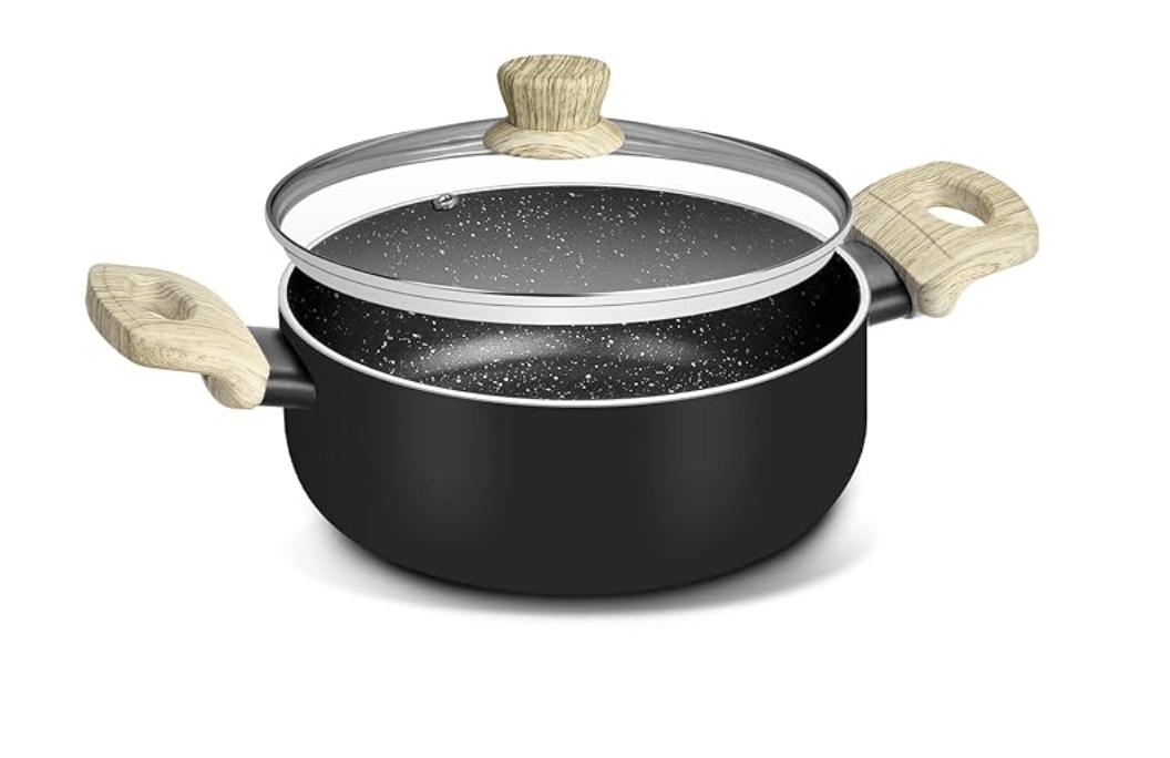 बर्गनर बेलिनी प्लस ऑरा 5-लेयर नॉन-स्टिक 22 सेमी कैसरोल ग्लास ढक्कन के साथ, 3.5 लीटर क्षमता, सॉफ्ट टच वुडन फ़िनिश हैंडल, आसानी से साफ़ होने वाला, इंडक्शन बॉटम और गैस स्टोव रेडी, 1 साल की वारंटी